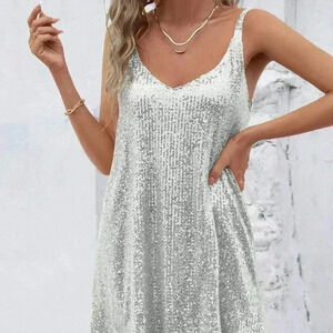 Silver Sexy Women's Sleeveless Sequin V-Neck Dress